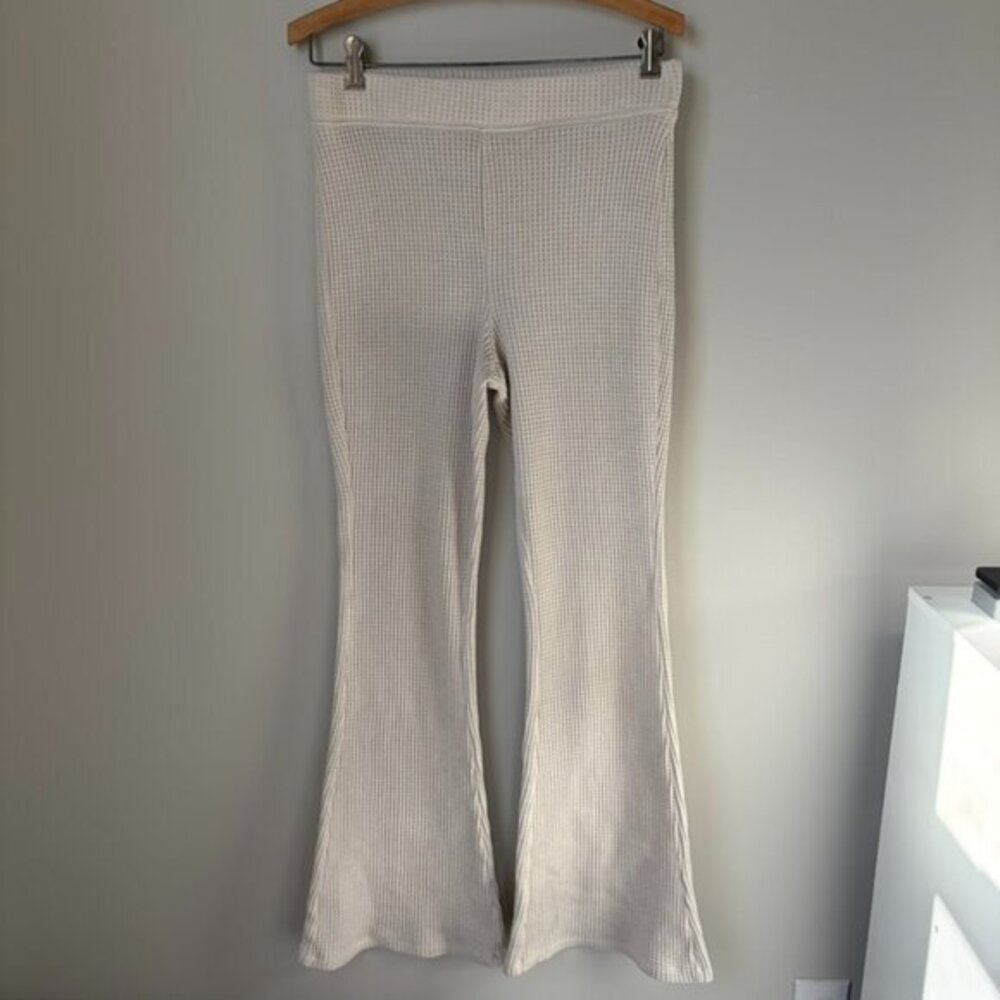 Aerie High Waisted Beige Waffle Wide Leg Pants Women's Medium